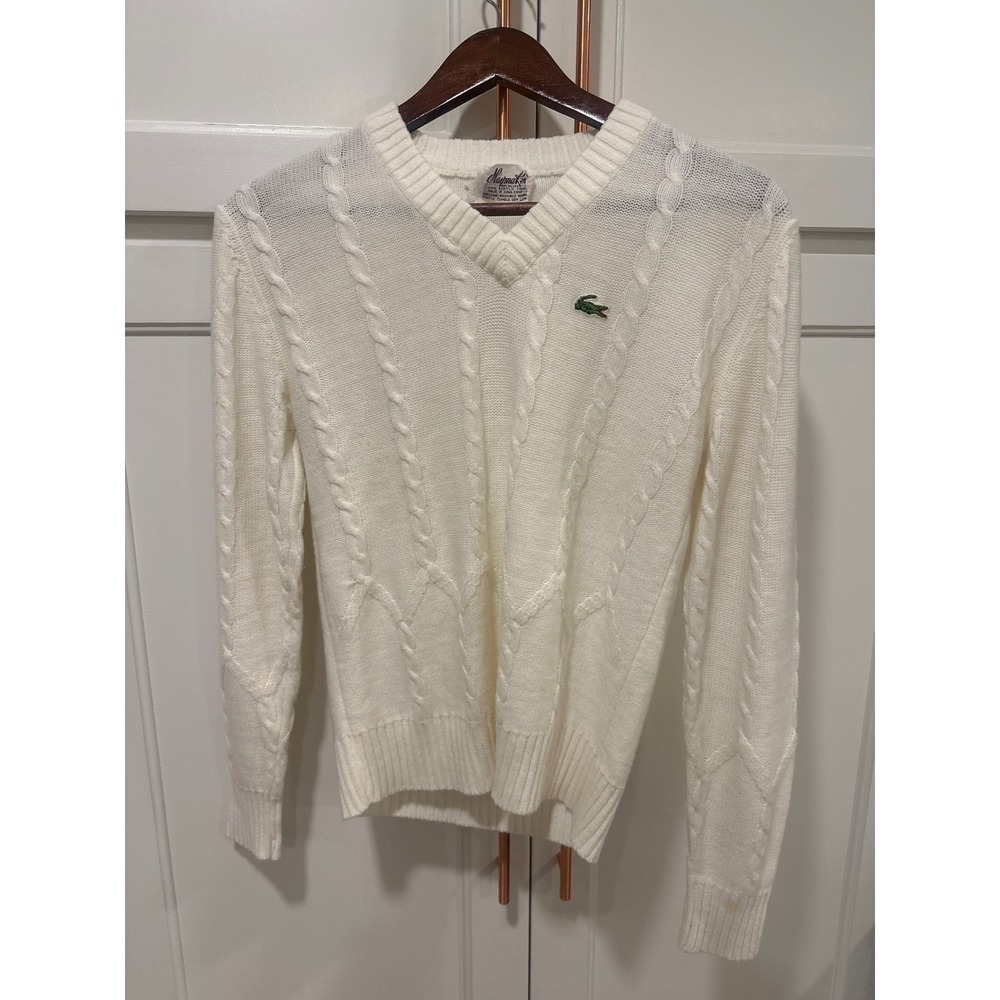 Haymaker VTG 70's Cable Knit V Neck Sweater Cream  Classic Preppy Style Size M